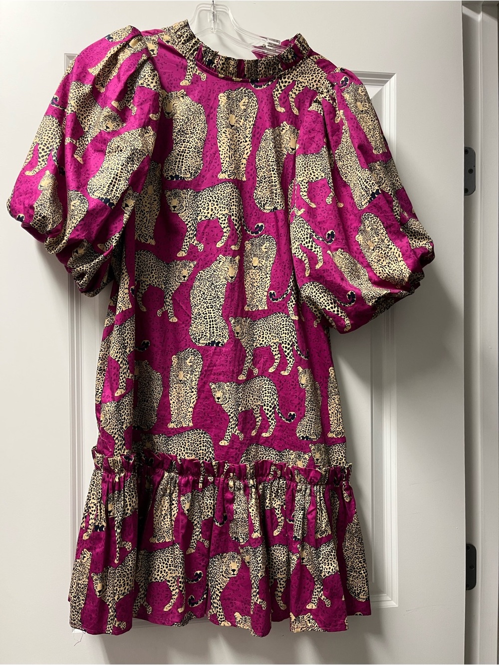 Magenta Leopard Print Puff-Sleeve Mini Dress